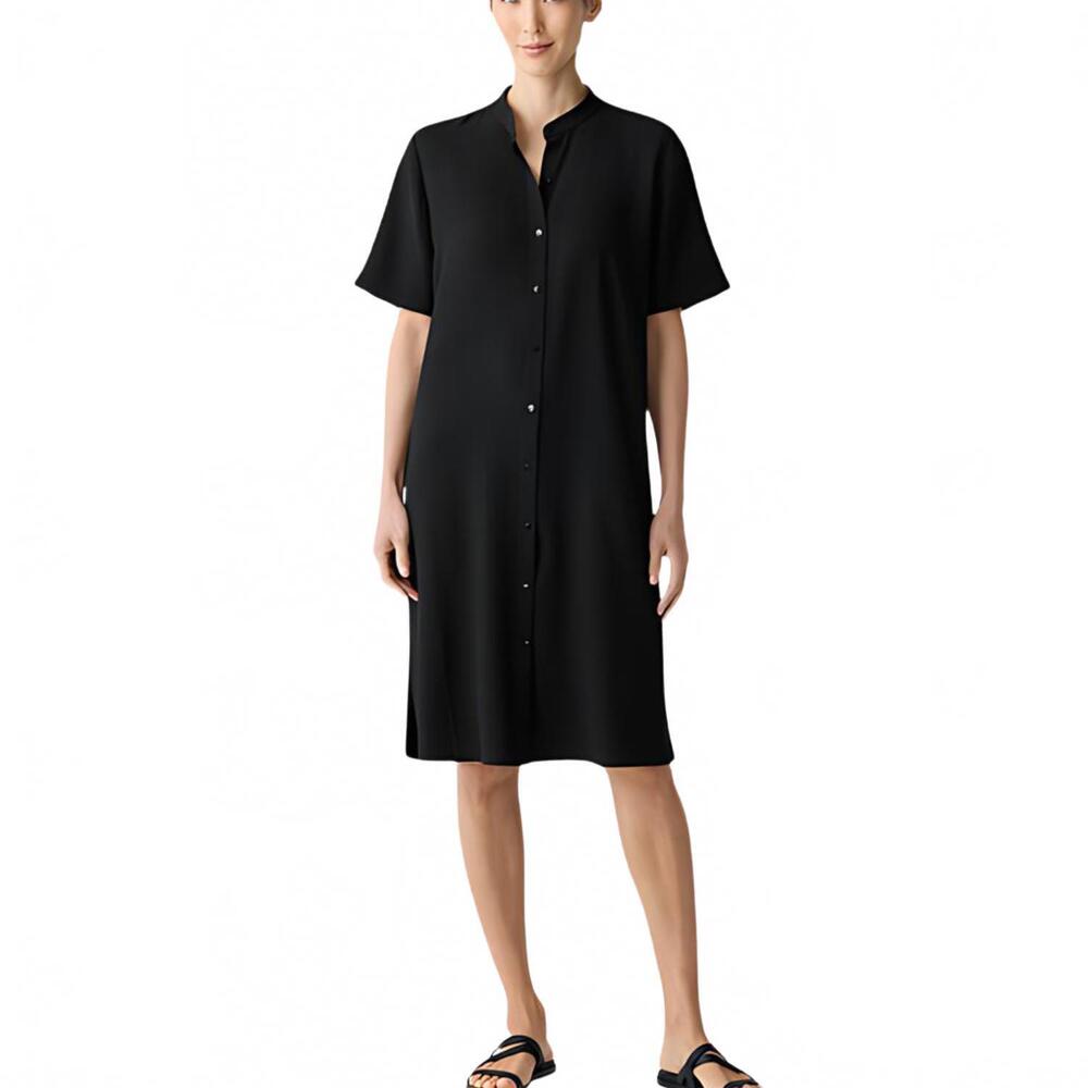 NEW EILEEN FISHER silk georgette crepe band collar midi dress in black